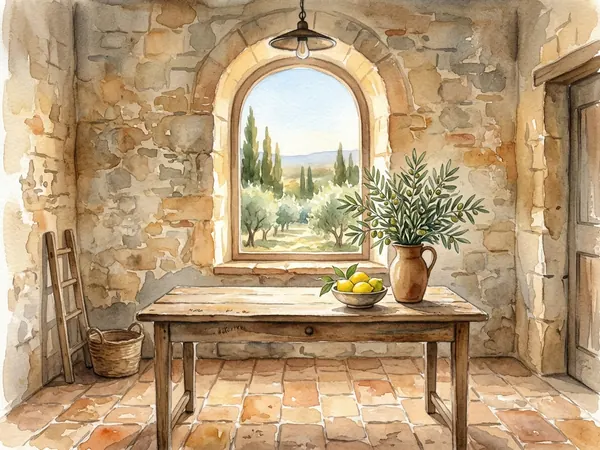 Illustration of a Portuguese senior care home with Mediterranean window